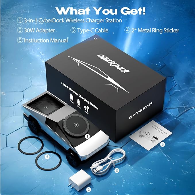 CyberDock (Latest Model) - 3-In-1 Wireless Charging Station for iPhone iWatch AirPods, Cybertruck 1:25 Scale Charger with Qi2 15W Fast Charging, Magnetic Rotation & Ambient Light, 30W Adapter (Sliver)