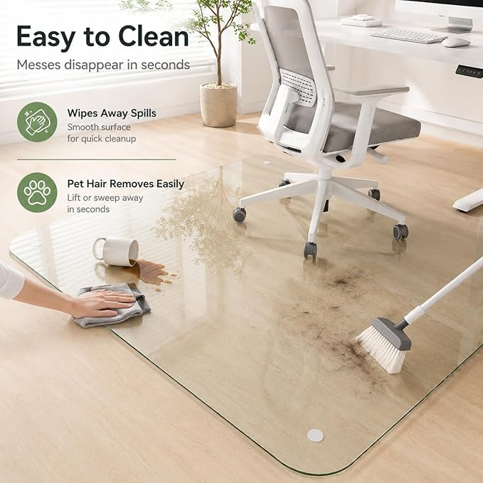 48 x 72 Inch Glass Chair Mat, 1/5 Inch Thick Tempered Glass Office Chair Mat for Carpet and Hardwood Floors, Heavy Duty Clear Desk Floor Protector with Rounded Corners and 8 Non-Slip Pads
