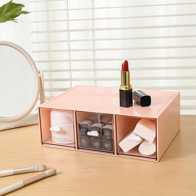MILULUGO Plastic 3 Drawer Organizer for Cosmetic Storage, Desk Organizer, Makeup Organizer for nail polish, Lipstick, Brushes, Jewelry, Skincare, Bathroom Organization Boxes - Pink