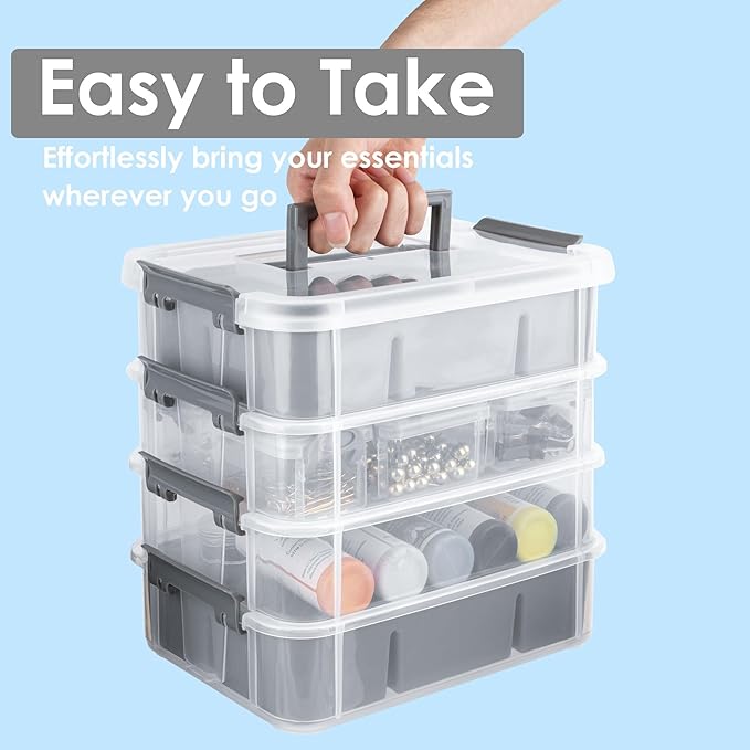 CraftGenes Grey&White Modern Plastic Storage Box - 4-Layer Durable Craft Storage Containers with 2 Removable Trays for Arts & Crafts Supplies, Sewing, Office, Seasonal Decor