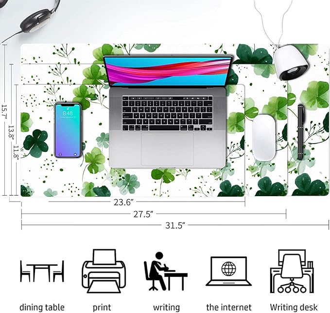 Four-Leaves Clover Mouse Pad PU Leather Lucky Green Desk Mat Large Waterproof Gaming Pad Non-Slip Keyboard Mouse Pad Writing Pad for Gamer Office&Home