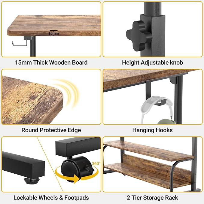 Besiost 39" Height Adjustable Standing Desk with Power Outlets - Manual Rolling Stand Up Desk with Wheels Small Portable Computer Desk Mobile Laptop Table with Storage Shelves for Home Office, Rustic