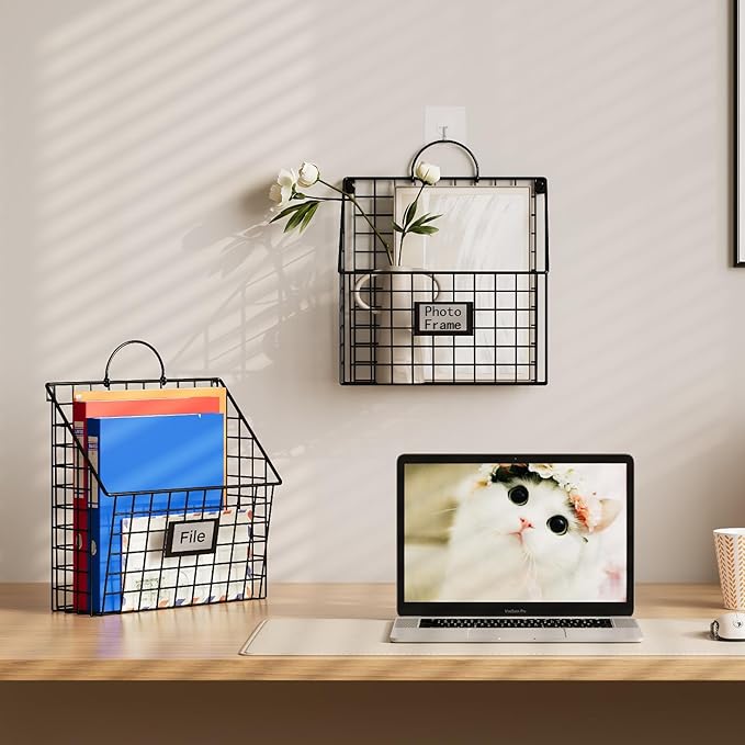 Yuzehuaza Hanging Wall File Organizer Metal Wall Mounted File Holder Folder with Handles and Hooks, Magazine Document Rack, for Home Office or Decor, 3 Packs (Patent Pending)