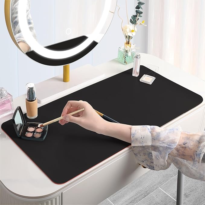 Makeup Mat for Vanity to Protect Desk Top 23.6 x 11.8 in, Dual-Sided Makeup Mat, Easy to Clean Desk Pad - Waterproof and Oilproof Vanity Accessories (Black and Red)