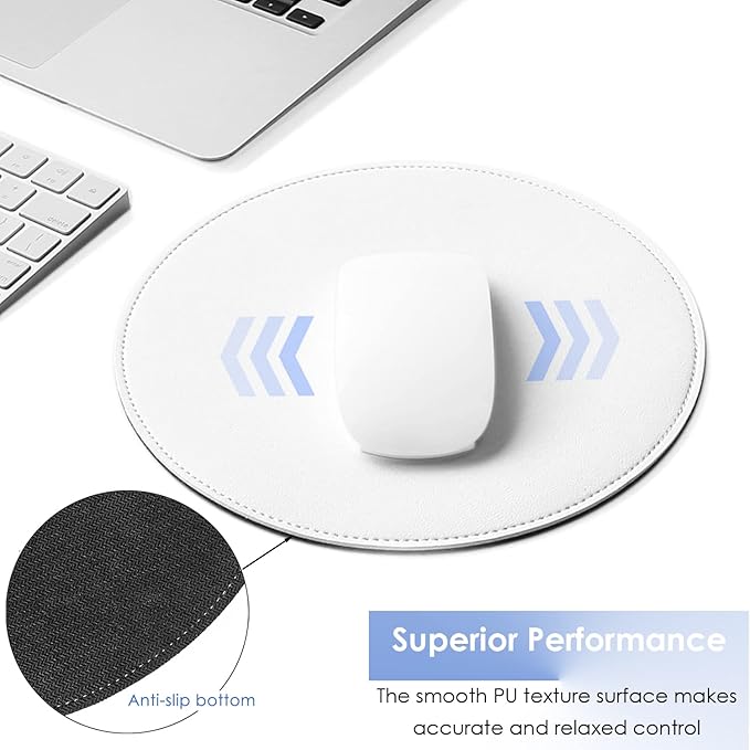 ProElife Round Mouse Pad Waterproof PU Leather Mouse Pad Cute Circular Mousepad 8.66-Inch Anti-Slip Mouse Mat Stitched Edges for Home Office Wireless Bluetooth/Wired Mouse Desk Accessories (White)