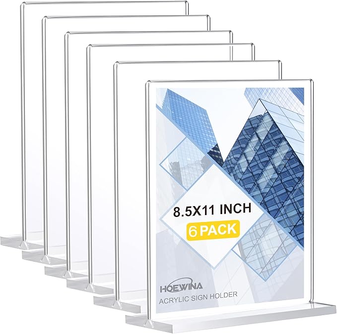 Hoewina Acrylic Sign Holder 8.5 x 11 Inch 6 Pack, Clear Display Sign Stand for Store Sign Holders, Vertical Double Acrylic Stands, Flyer Holder & Plastic Paper Holder