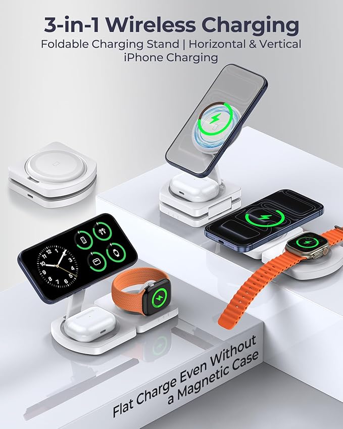 Wireless Charger for iPhone, 3-in-1 Magnetic Charging Station for Apple, MagSafe Charger Stand for iPhone 17 Air 16 15 14 13 12 Series, Airpods Pro, Apple Watch Ultra, Foldable, No Adapter, White
