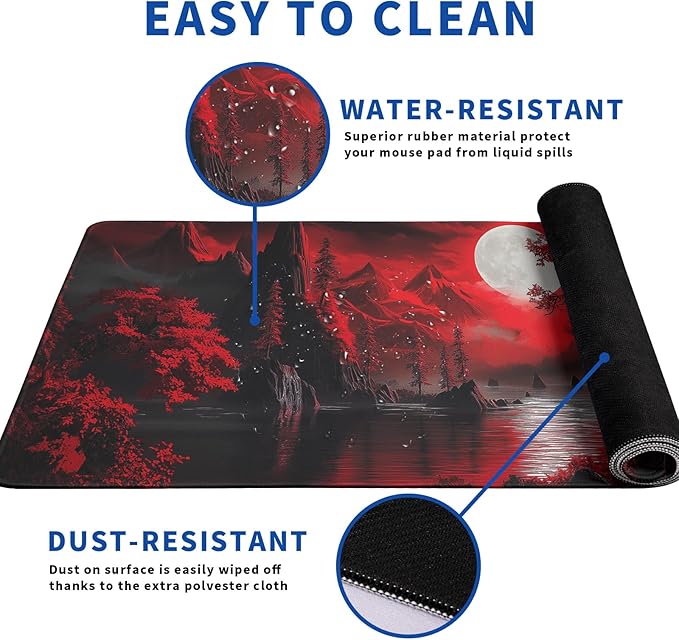 Darkness Red Moon Mouse Pad Abstract Red Mouse Pad 31.5x11.8 Inch Geometric Texture Non-Slip Rubber Base Large Mousepad Stitched Edges Keyboard Mouse Mat Desk Pad for Office and Home
