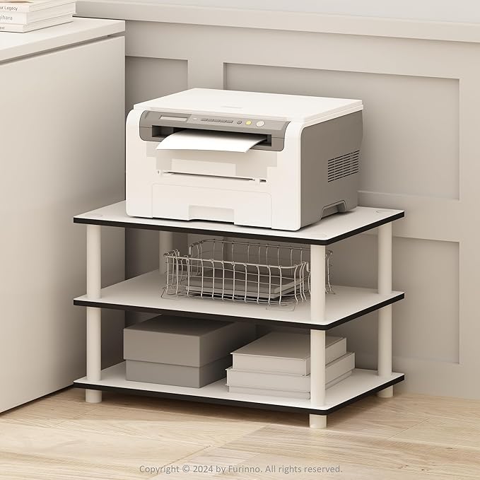 Furinno JUST Toolless Printer Stand with Storage, 3-Tier Under Desk Printer Stand, Printer Table, for CPU, Office Supplies, for Study Room, Living Room, White