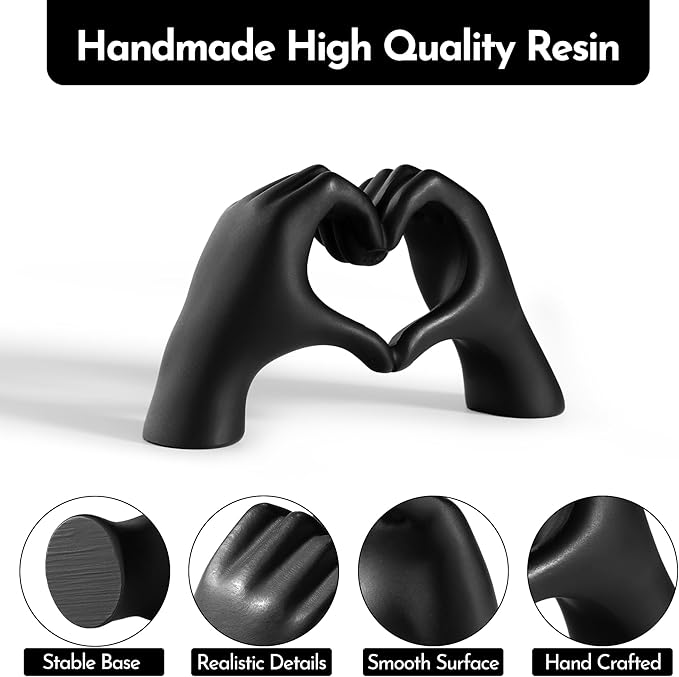Black Decor Living Room – Mini Small Heart Hands Sculpture – Shelf Decor Aesthetic – Cute Home Accent Table & Shelves – Love Statue - Gifts Girlfriend, Wife, Women, Teen Girls, Valentine (Black, Mini)