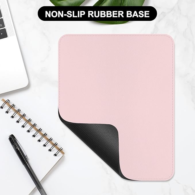 Leather Mouse Pad, Office Mouse Mat Non-Slip Rubber Base Stitched Edge Washable Waterproof Rectangular Mousepad for Office Gaming PC Laptop, 9.8" x 7.9", Light Pink