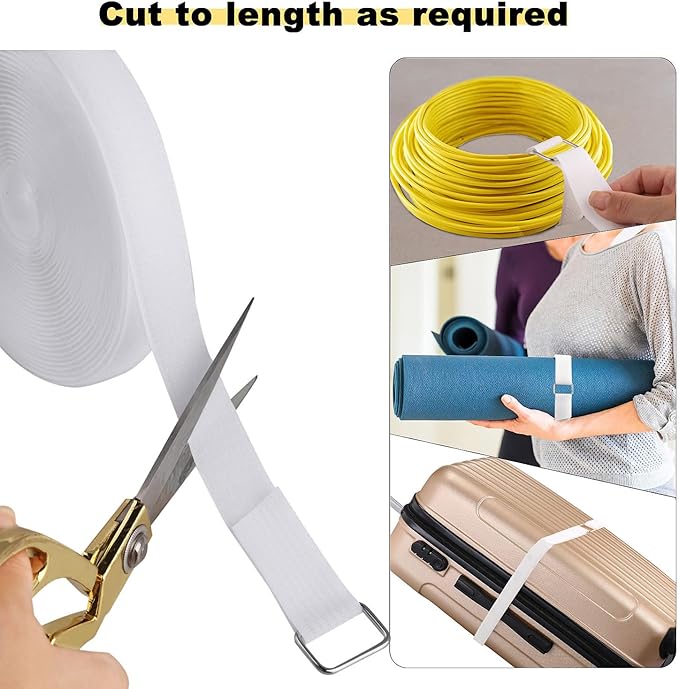 YMCRLUX 1"x32ft Hook and Loop Straps with 50 Metal Buckles, Adjustable Fastening Cable Straps, Cut-to-Length Cinch Strap, Reusable Nylon Securing Cord Ties for Organizer or Storage, 1 inch Wide, White