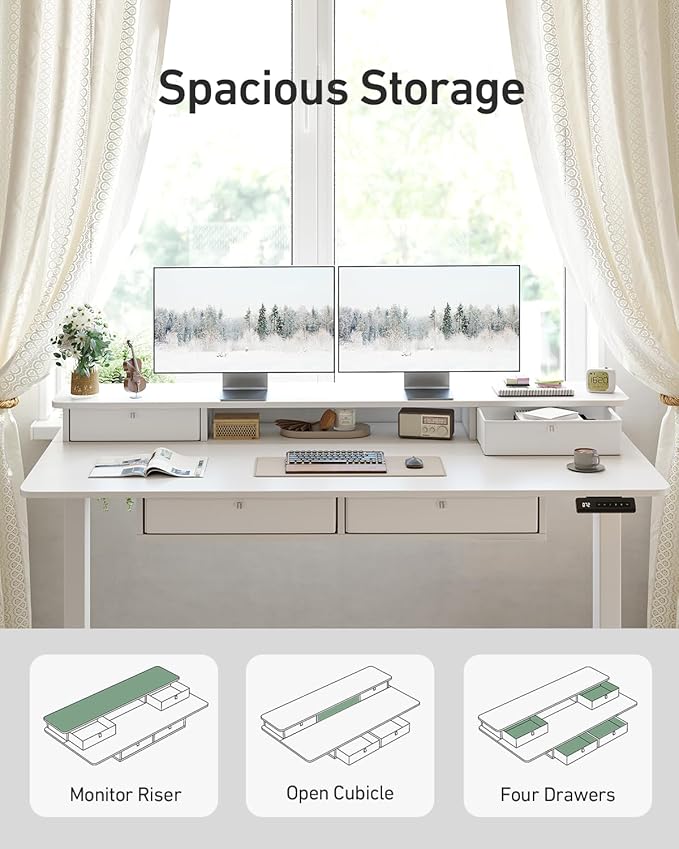 FEZIBO 60 x 30 inch Standing Desk with Drawers, Height Adjustable Electric Workstation, Computer Sit Stand Up Table with Large Storage Shelf 4 Drawers and 2 Hooks, White