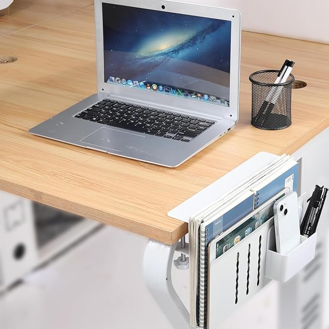 Desk Side Storage Organizer, Under Desk Laptop Holder with Magnetic Pen Holder, No Drill Hanging Desk Caddy for Office & Home, Clamp On Desk Shelf for Tablet, Files, Accessories (White)