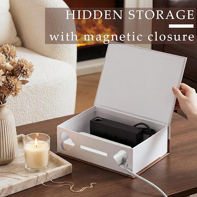 Maitys Book Shape Decorative Cable Management Box, Cable Cord Organizer Hider Box with Magnetic Closure, Decorative Faux Books for Home Office Decor Photo Storage(Light Brown,Sunlight)