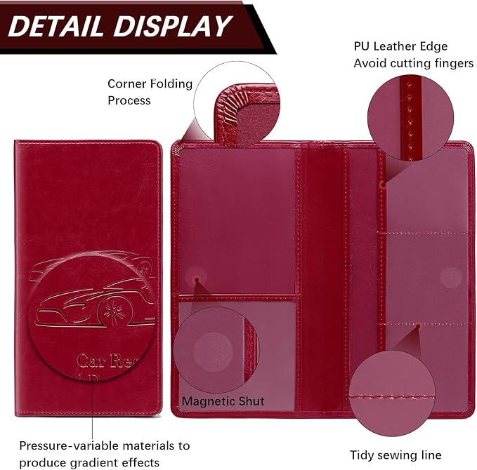 Car Registration and Insurance Card Holder for Women Men, Red Glove Box Paperwork Organizer with Magnetic Buckle for Easy Access and Protect Documents and Various Cards in Vehicle