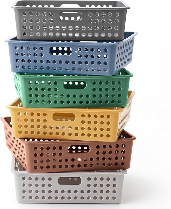 Geetery 6 Pack Classroom Storage Baskets with Handle 14''x10'' Paper Tray Holds A4 Turn in Trays Plastic Paper Baskets Desk Organizer Bin for Classroom, Library, Office, Home (Cottage Color)