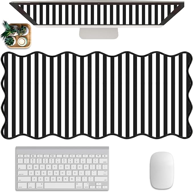 Scalloped Desk Mat Extended Large Cute Striped Mouse Pad Big Desk Pad XXL Aesthetic Stripe Mousepad Gaming Mouse Pad for Keyboard Computer Laptop Home Office Accessories 35.4X15.7Inches Black White