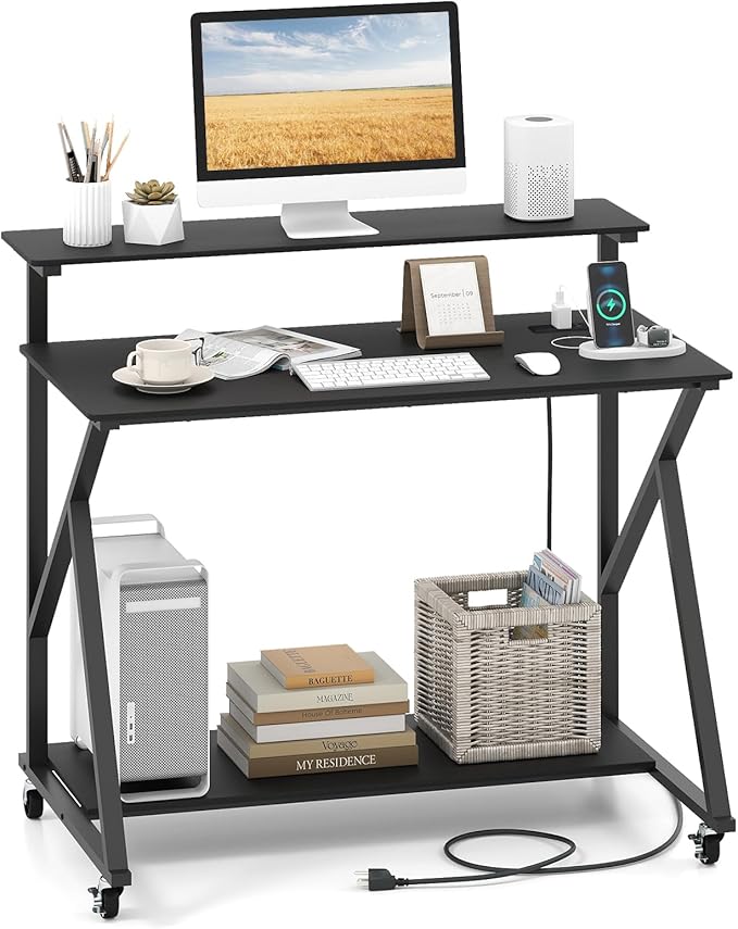 Tangkula 39.5" Mobile Computer Desk with Power Outlets, Rolling Laptop Workstation with Monitor Stand & Storage Shelf, Gaming Writing Desk with Lockable Wheels for Home Office Bedroom (Black)