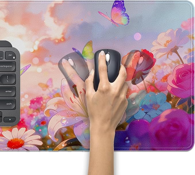 Butterfly Floral Large Mouse Pad Desk Pad, 27.5x11.8in Dreamy Floral Extended Keyboard Mouse Mat with Stitched Edges,Waterproof Non-Slip Rubber Base for Office, Laptop,Computer and Home