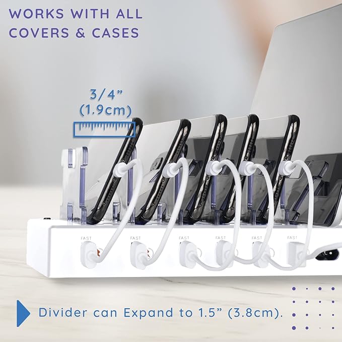 Charging Station for Multiple Devices – 6-Port USB Charging Dock for Apple & Android – Fast Multi-Charger Organizer for Phones, Tablets & More (White)