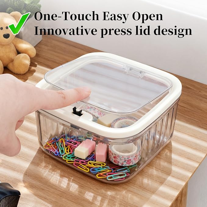 THMINS 2 Pack Hair Accessories Organizer for Girls,Small Plastic Storage Box with Lid for Kids Hair Clips,Ties,Bows&Jewelry,Stackable Dust-Proof Flip Top Container,Desktop Organizer(Grey)
