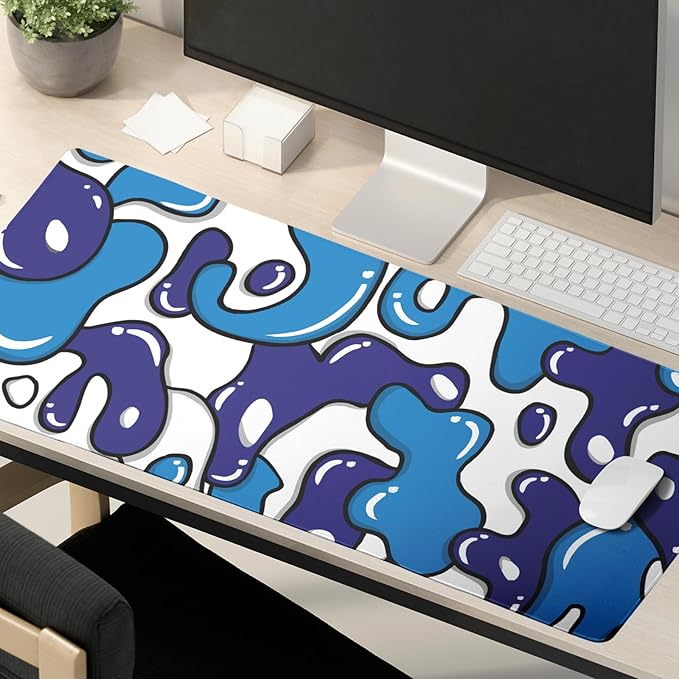 Navy Blue White Mouse Pad Gaming Desk Pad Geometric Japanese Anime Cool Extended XXL Mouse Pad 35.4X15.7 Inch Full Desk Mousepad Gaming with Stitched Edges Non-Slip Base for Desktop Keyboard Pad