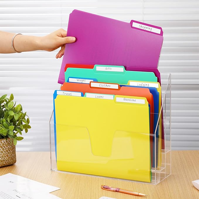 Estune Acrylic Vertical File Organizer, Horizontal Triple File Folder Holder, Paper Desktop Storage, Box for Countertop Office, Includes 12 Pack Folders, 1/3 Cut Tab with Folder Letter Size and Labels