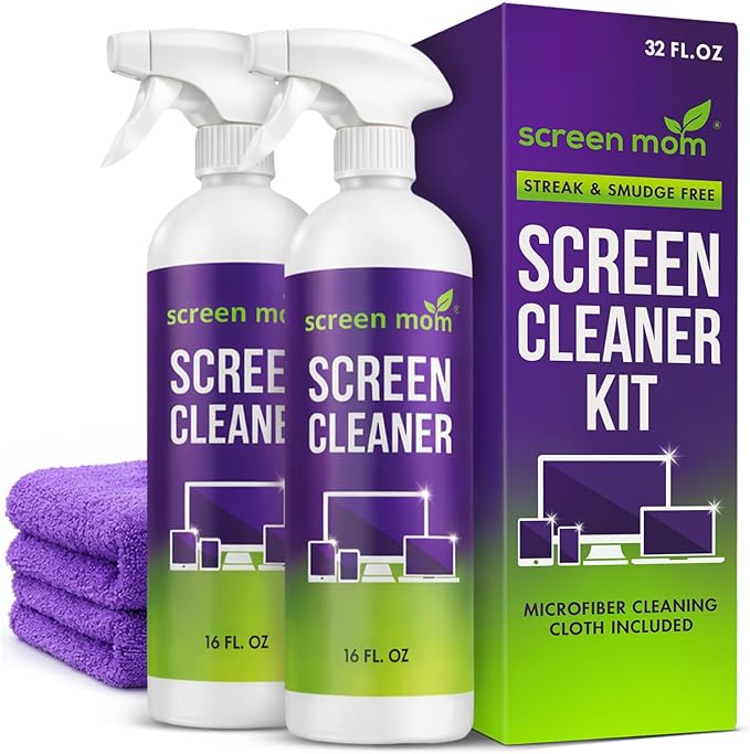 Screen Mom Screen Cleaner Spray and Microfiber Cloth 2-Pack (2x16oz) Screen Cleaner Spray and Wipe for TV, Computer, Phone, iPad, Car Screen Cleaning Kit Electronic Cleaner Spray