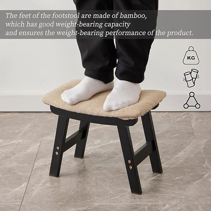 Kitsanery Foot Stool,Ottoman,Bamboo Small Sofa Foot Rest Under Desk,Extra Seating for Living Room, Bedroom and Kitchen (Black Stool Legs - Beige Surface)