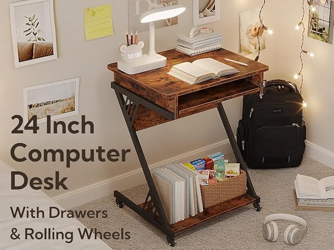ALISENED 2 Tier Computer Desk with Keyboard Tray, 23.6" Home Office Desk Computer Workstation Rolling Study PC Laptop Table for Small Spaces,Z-Shaped Small Compact Study Table