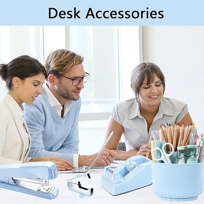Office Supplies,Bblue Desk Accessories,Office Supplies Set,Desk Organizer,Stapler,Tape Dispenser,Scissors,Staple Remover,Binder Clips,Staples,Ballpoint Pen,Index Tabs with Ruler,Clear Tape.10pcs
