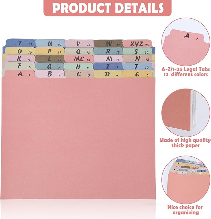 1 Set 25 Alphabet File Dividers A-Z Top Tab File Guides Letter Size 1/5 Cut Tab Manila Alphabetical Files Organizer Filing Cabinet Dividers for Work Office Home School and Desk Organizer(Boho)