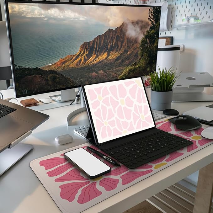 MAY FLOWER Gaming Mouse pad, Large Laptop Mousepad, Full Keyboard Mat, Long Computer Mouse Mat for Home and Office, Anti-Slip Rubber Base, 31.5 x 11.8 Inches (Pink Flower)