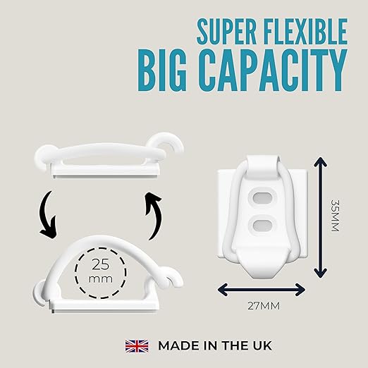 [Made in the UK] 10-Pack Adjustable Elastic Self-Adhesive Cable Tidy Clips, Cable Management Organiser for Office, Home, Under Desk, Behind TV, Charging Phone, Laptop, PC, HDMI, USB (WHITE)