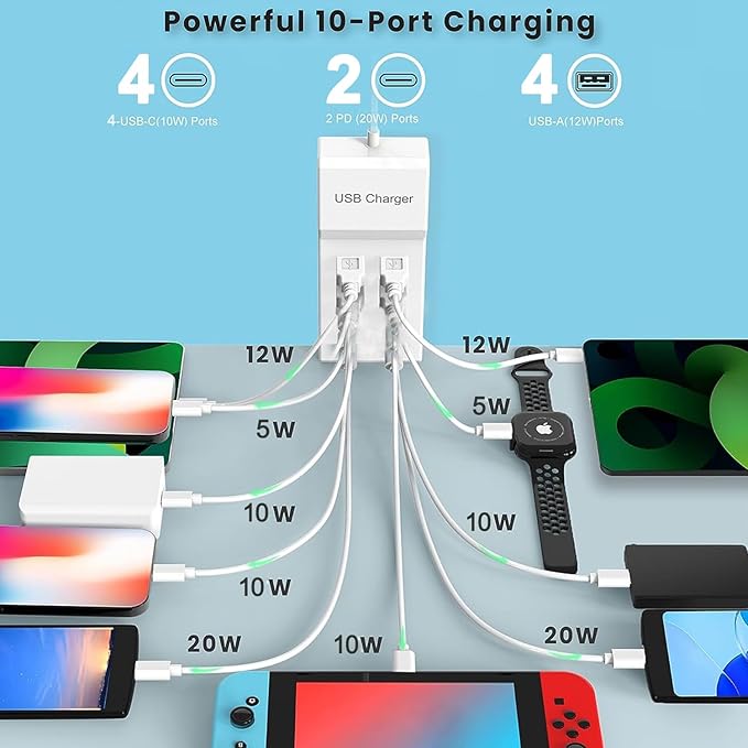 USB C Charging Station, 10 Ports USB C Charger Dock Desktop 100W Multi Port with PD Fast Charger, Compatible with iPhone 15/14/13/12/11/Pro/Pro Max/Samsung S23/S22/S21/Tablet/Watch/Headphones