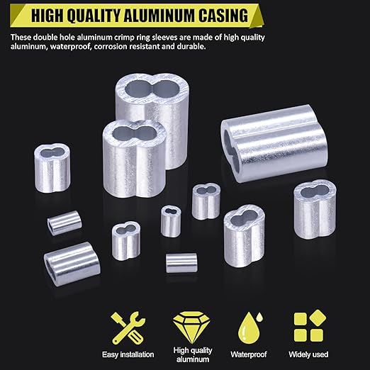 Twidec/222PCS 8 Sizes Aluminum Crimping Loop Sleeve M1.2-M6(3/64''-1/4'') Wire Rope Sleeve Cable Crimp Ferrules for Wire Rope and Cable Assortment Kit N-019-222PCS