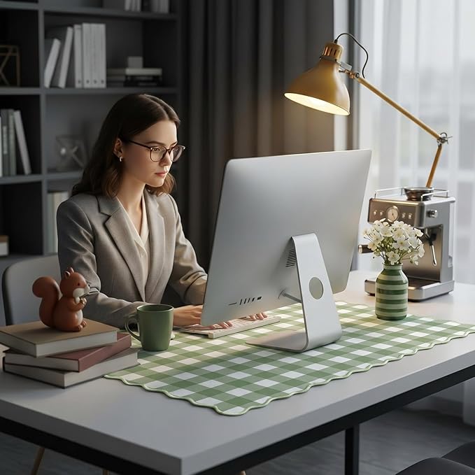 Copkim 1 Pcs Scalloped Green Gingham Desk Mat 31.5 x 11.8 Inch Large Cute Mouse Pad Computer Mat Non Slip Waterproof Rubber Base with Border Stitching Soft Keyboard Pad for Home Office Gaming Makeup