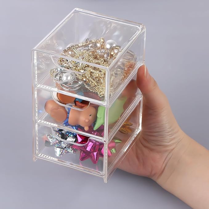 Small Desk Organizer with Drawer, 3-Layer Clear Desktop Organization Mini Storage Box with Drawers for Desk, Office Supplies, Jewelry Storage Box, Pack of 1
