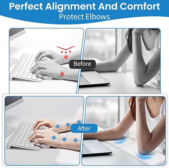 Arm Rest Pads for Desk – 2 Pack PU Leather Ergonomic L-Shaped Elbow Cushions with Non-Slip Base, Memory Foam Wrist & Arm Support for Office, Home, and Gaming (White)