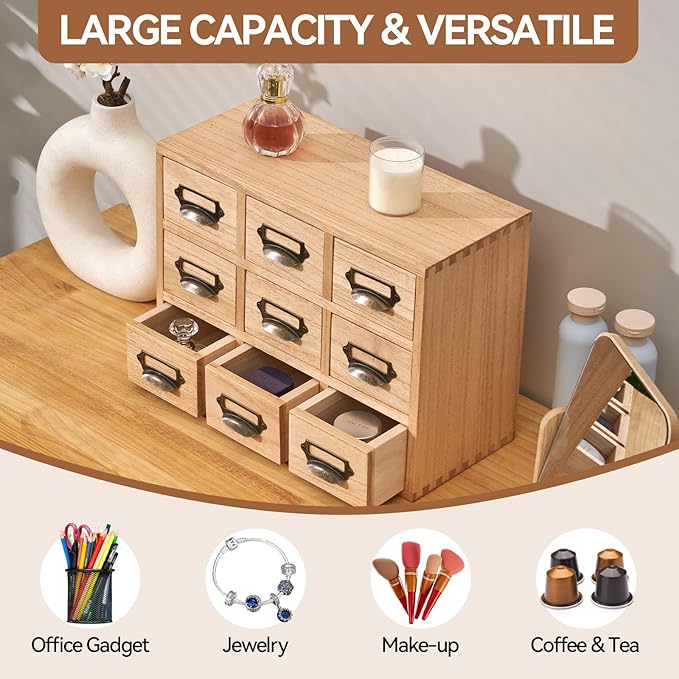 KIRIGEN Wooden Desk Storage Cabinet with 9 Mini Drawers, Wood Desktop Organizer with Metal Label Handles for Office Supplies, Crafts, Tea Bags, Makeup, Natural 9CG-NA