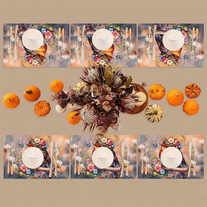 Placemats Set of 4 Heat-Resistant Rectangle Place Mats Robin Bird Cute Washable Plastic PVC Dining Table Mat Non-Slip Wipeable Woven Vinyl Placemat for Kitchen Patio Table Decor