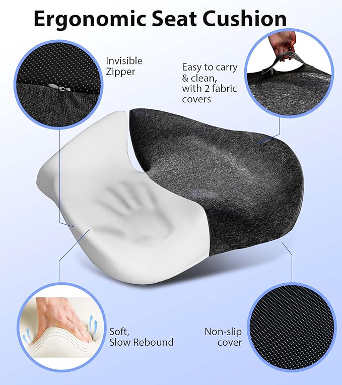 Seat Cushion, Memory Foam Pressure Relief Coccyx Cushion for Tailbone Pain, Extra-Large Butt Pad for Office Chair, Car Seat, and Gaming Chair Pain Relief, Extra Cover