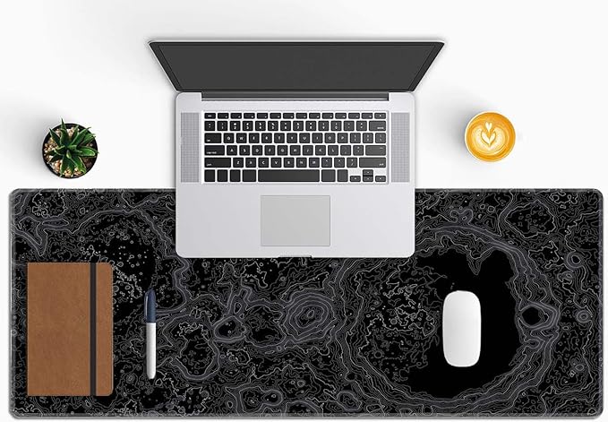 Moon Topographic Map Desk Mat Black Large Mouse Pad XL Extended Gaming Mousepad Keyboard Mouse Mat Desk Pad for Computer Laptop 31.5''X11.8'' Non-Slip Rubber Base with Stitched Edges