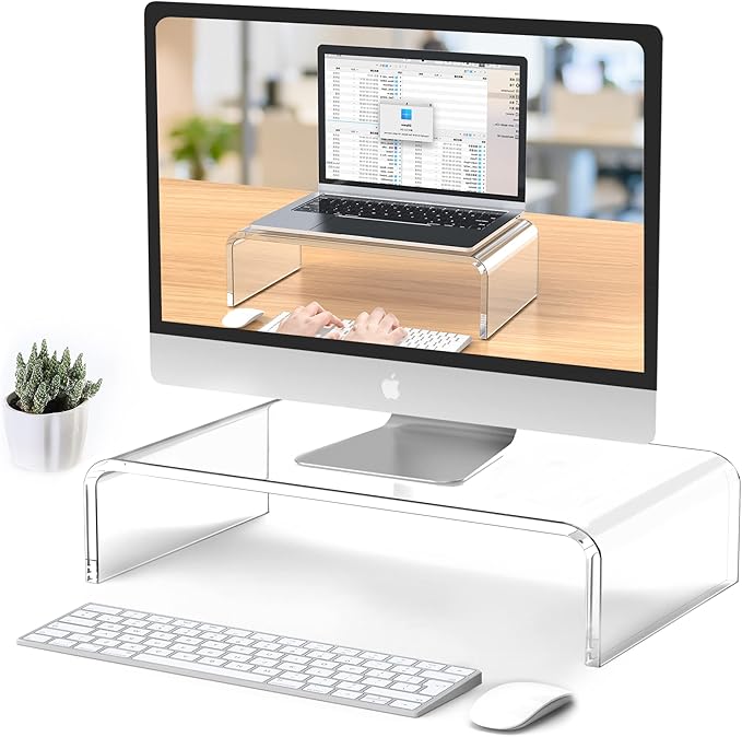 Acrylic Monitor Stand Riser 15'' Clear Laptop Stand for Desk Acrylic Monitor Riser for Desk Accessories Aesthetic Laptop Riser Clear Computer Stand White Office Supplies for Women Essentials