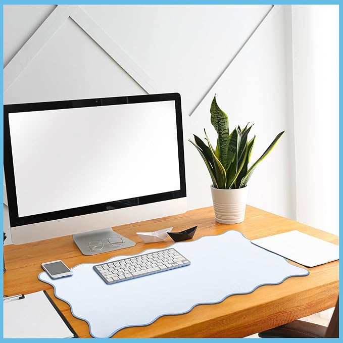 Hahafelt Scalloped Desk Mat Large Desk Pad Cute Coquette Table Mat Aesthetic Preppy Table Make up Pad Nonslip 2026 Graduation Gift with Stitching Waterproof Gaming(Blue,23.6 x 13.8 Inches)