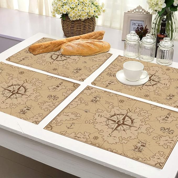 Placemats Set of 4, Nautical Island Map Vintage Placemats Heat Resistant for Dining Table Non-Slip 18x12 Inches