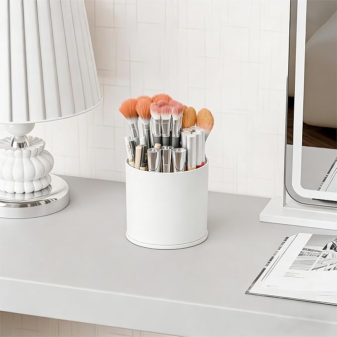 Yieach Rotating Acrylic Makeup Brush Holder for Vanity,Bathroom Countertop,Round Makeup Brushes Organizer,Spinning Cosmetic Brushes Holder,Make up Brush Storage and Office Desk Pen or Pencil Cup,White