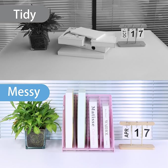 Desk Organizers Metal Magazine File Holder Racks Desktop Folder Storage Binder Organiser Document Organization for Home Office & Classroom,4 Vertical Compartments-Pink