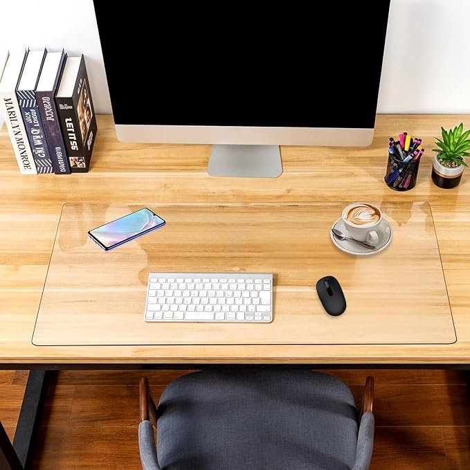 Clear Desk Mat 35.4"×15.7" Large Transparent Computer Desk Mat Non-Slip PVC Desks Protector Pad with Round Edge, Heat Resistant Waterproof Transparent Writing Pad for Home and Office